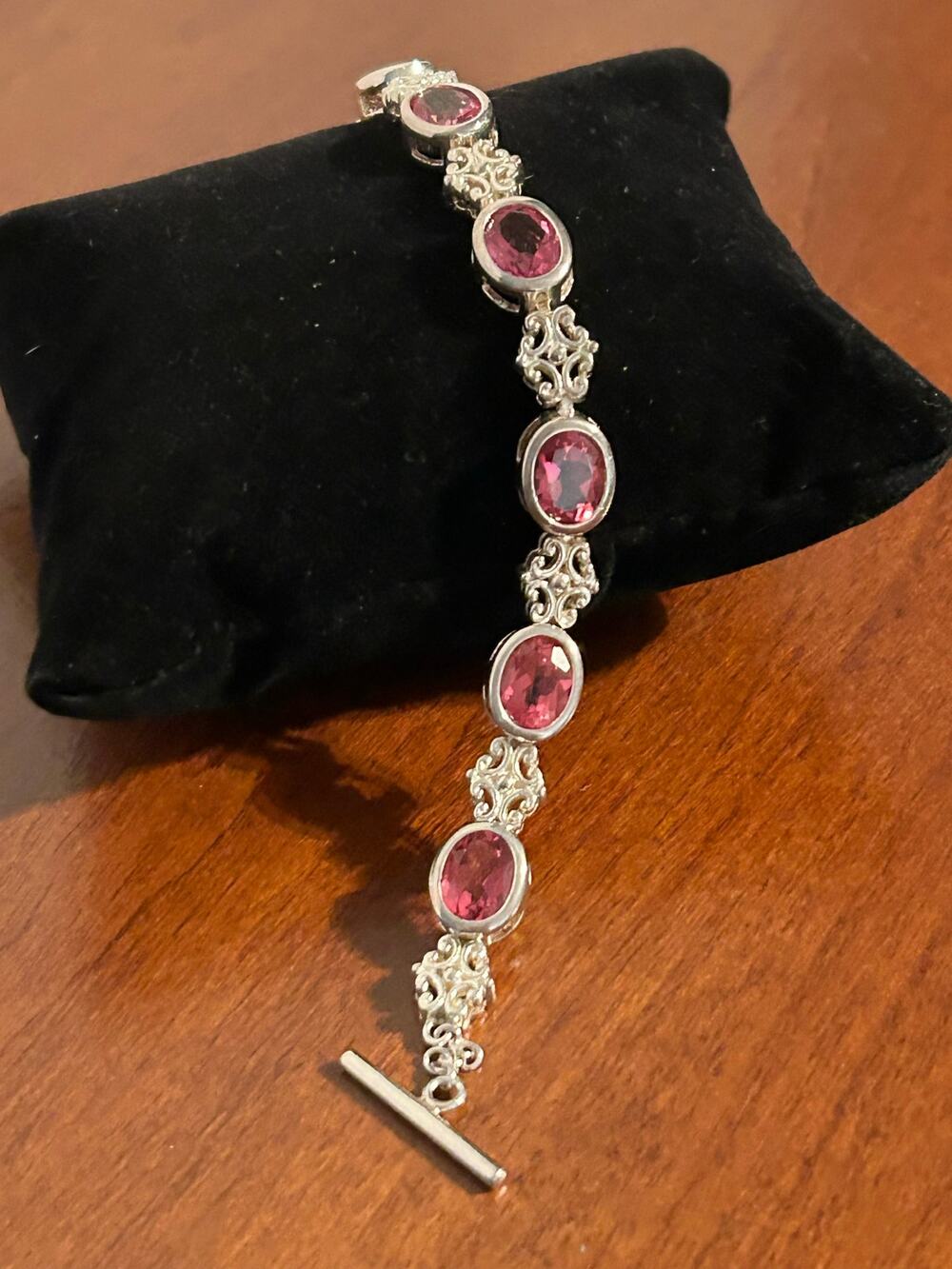925 Sterling Silver Pink Sapphire Oval Cut Bezel Toggle Bracelet 8"